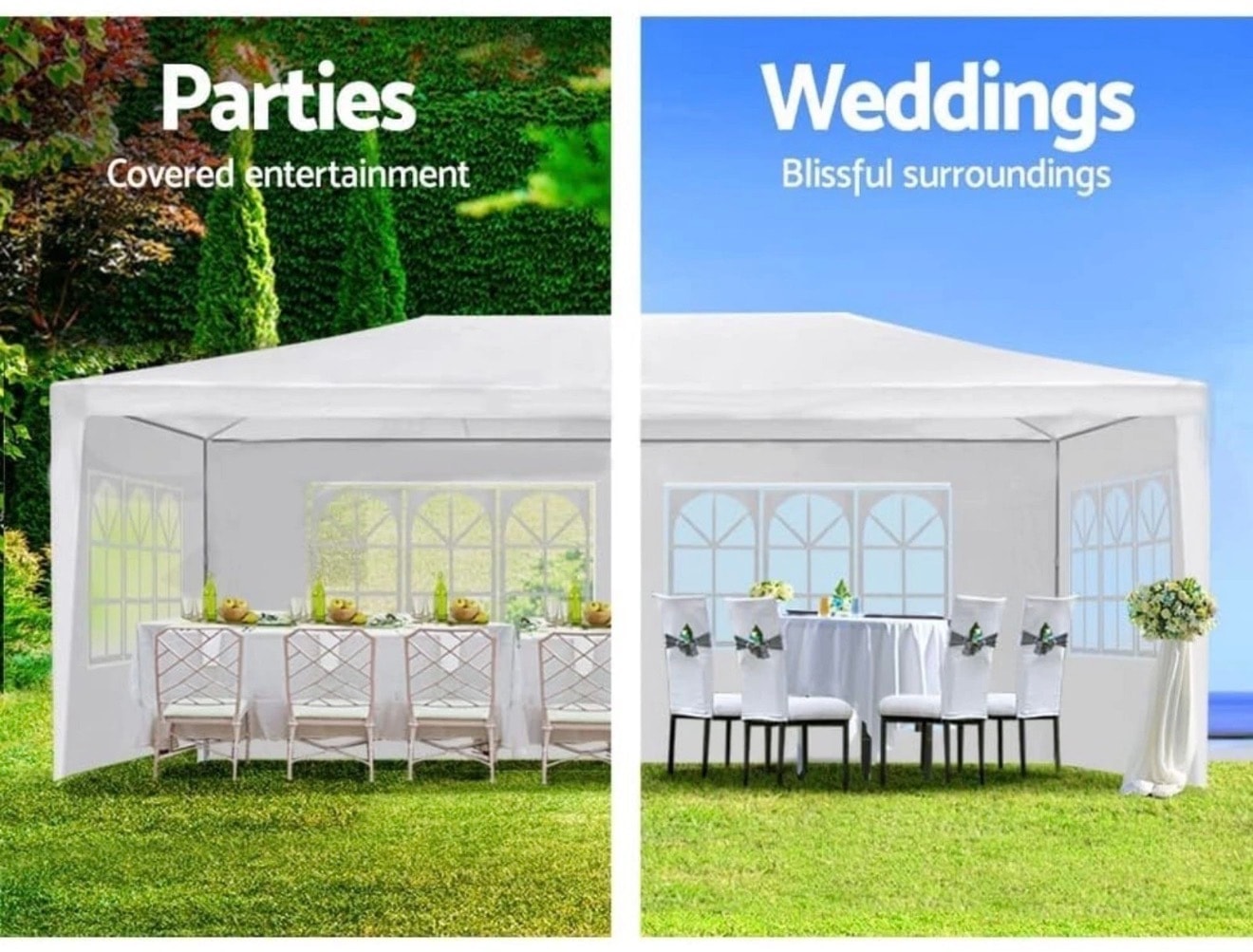 Elegant wedding reception under a white tent